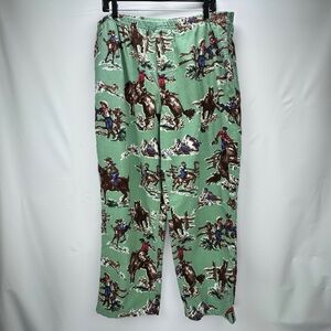 Nick & Nora Flannel Pajama Pants Sz Large Kurt Cobain Green Horses Cowboy